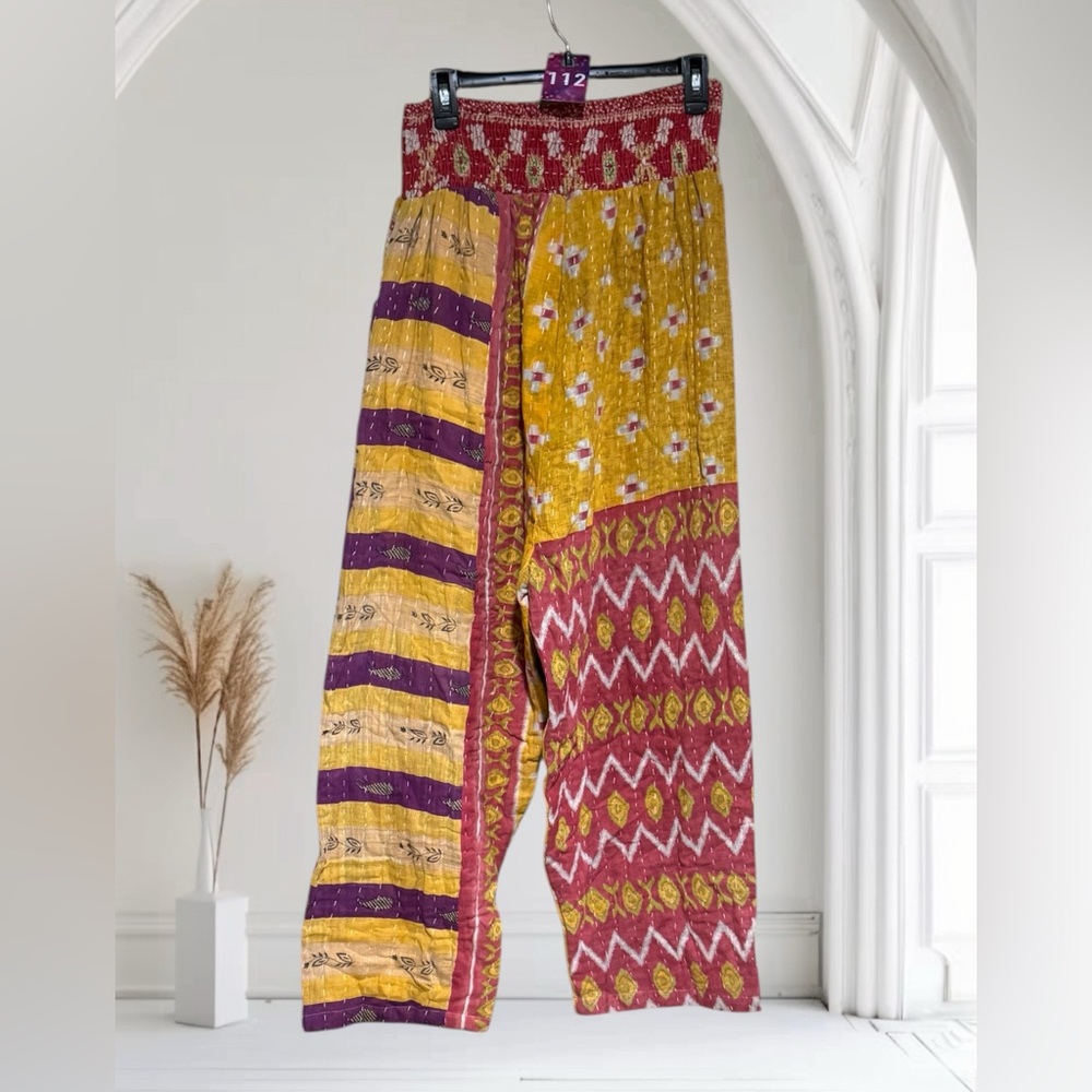 Boho Wide-Leg Patchwork Pants in Mustard, Maroon & Purple